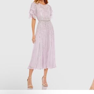Mac Duggal Purple High Neck Sequined Flutter Sleeve Midi Dress